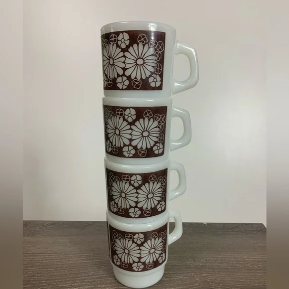 Vtg Anchor Floral Milk Glass Stackable Coffee Mugs USA Oven Proof Brown Lot Of 8 - Picture 2 of 15